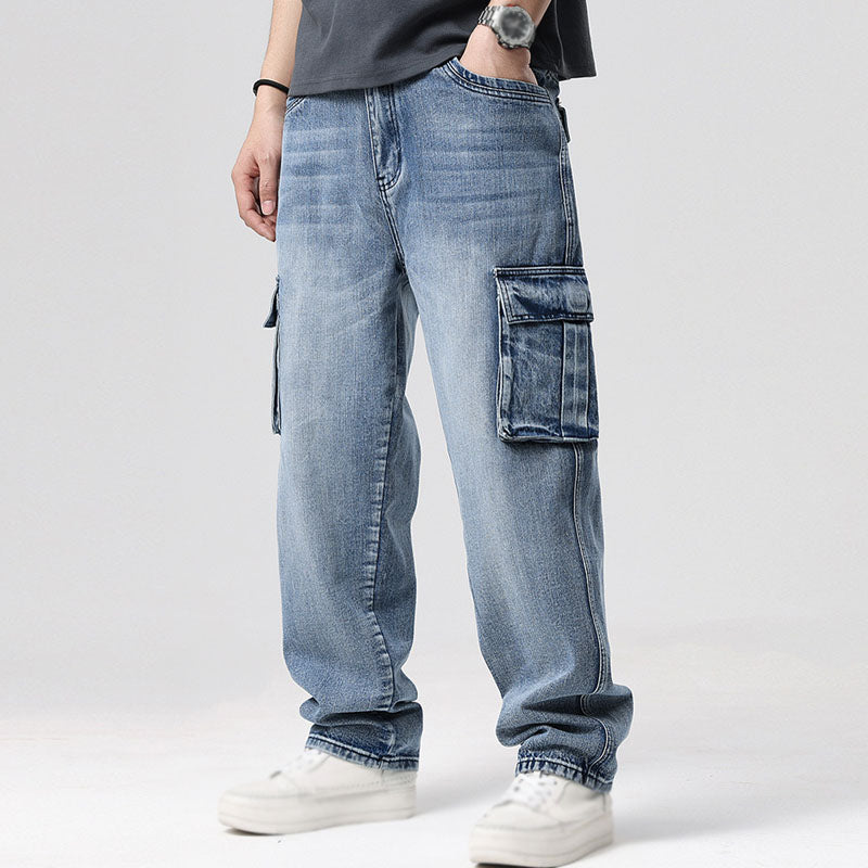 Durable men's relaxed fit cargo jeans with multi-pockets, perfect utility pants for everyday.