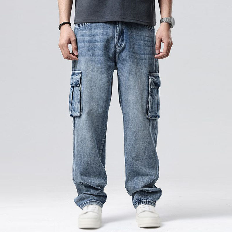 Comfortable men's relaxed fit blue cargo jeans, ideal for casual men's fashion & daily wear.