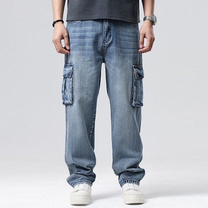 Comfortable men's relaxed fit blue cargo jeans, ideal for casual men's fashion & daily wear.