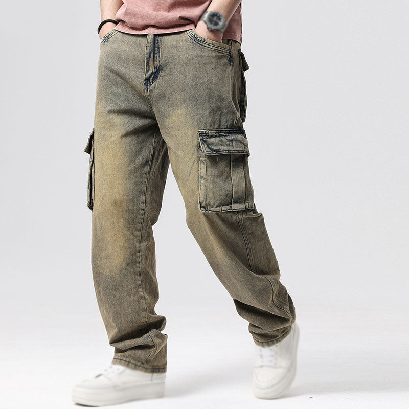 Hard-wearing men's relaxed fit blue cargo jeans, durable utility pants for active comfort.
