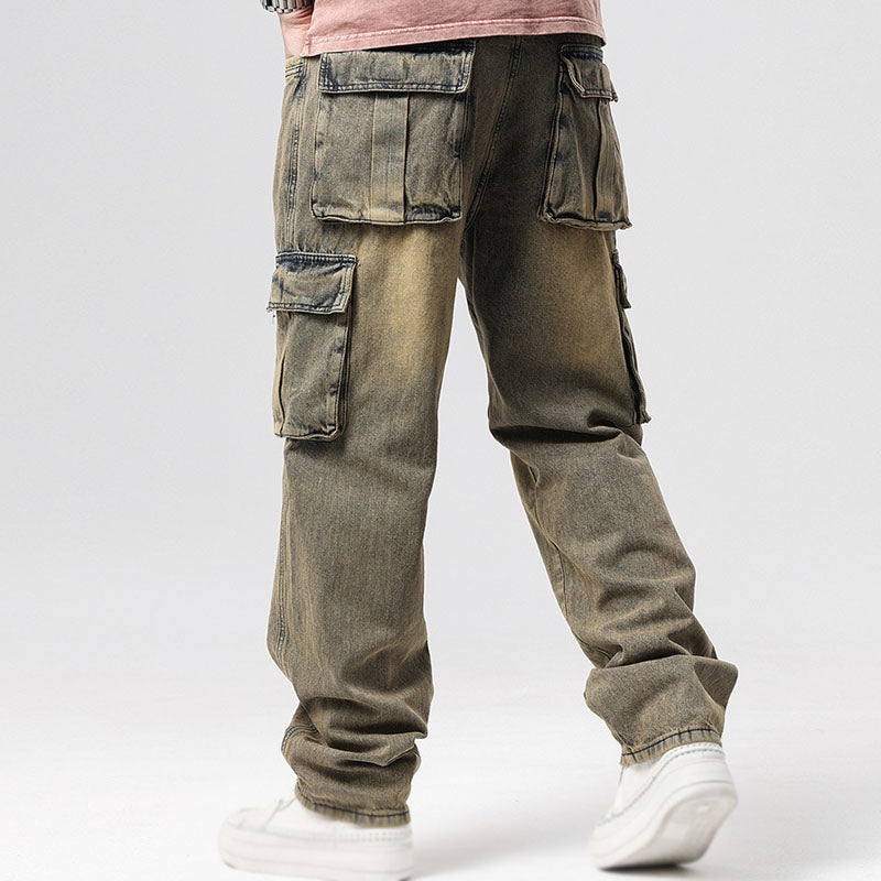 Front view of men's relaxed fit blue cargo jeans, ultimate utility & comfort for everyday casual wear.