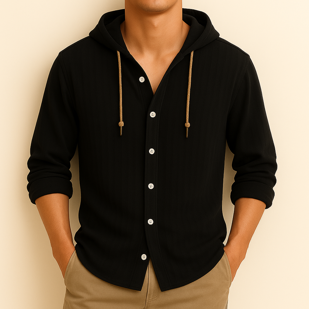 Man wearing a men's breathable relaxed fit hoodie shirt, ready for spring & summer activities.