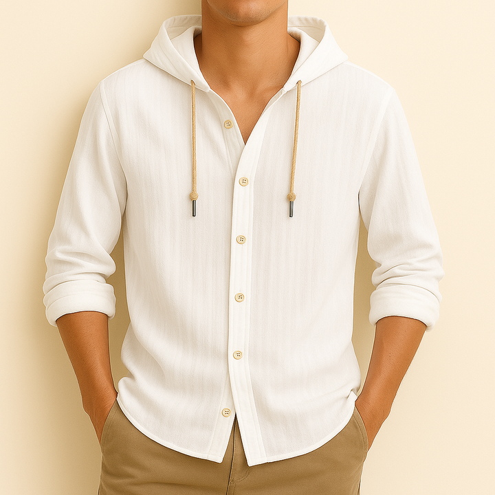 Casual men's long sleeve hoodie shirt, perfect as a lightweight outer layer or stand-alone top.