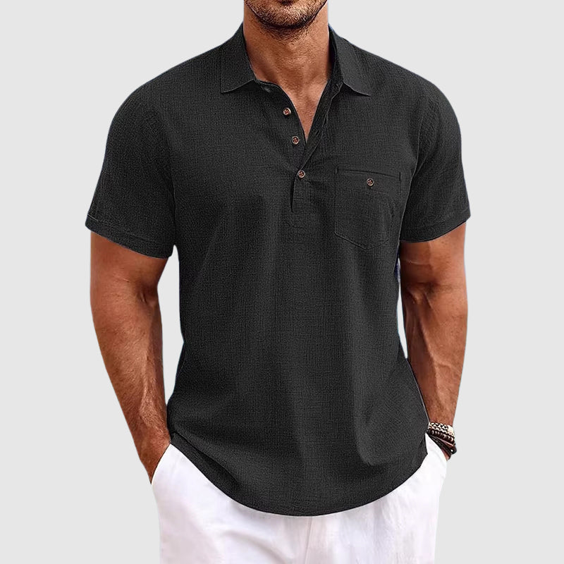 Lightweight men's summer polo shirt with a relaxed fit, breathable fabric, ideal for vacation and warm weather.