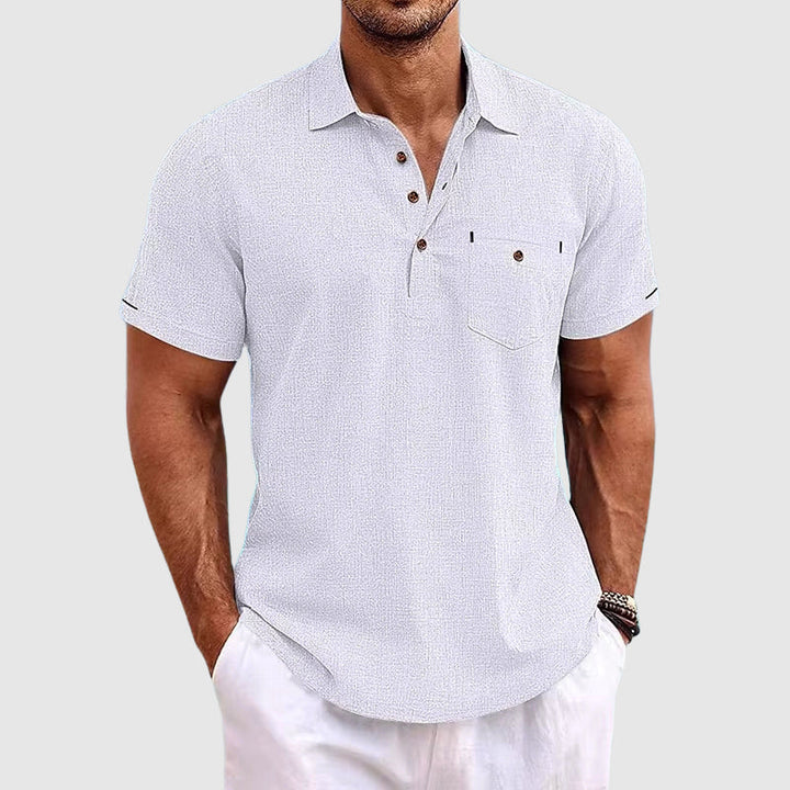 Casual men's short sleeve polo in a relaxed fit, stylish button-up shirt for summer outings and beach vacations.
