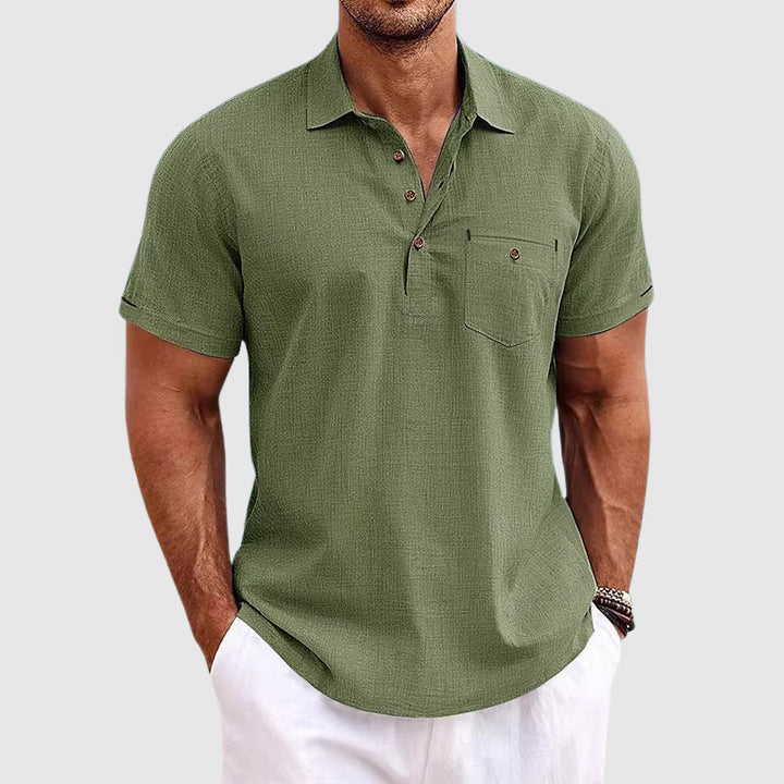 Men's relaxed fit polo, versatile short sleeve button-up shirt, perfect for casual summer and coastal styles.