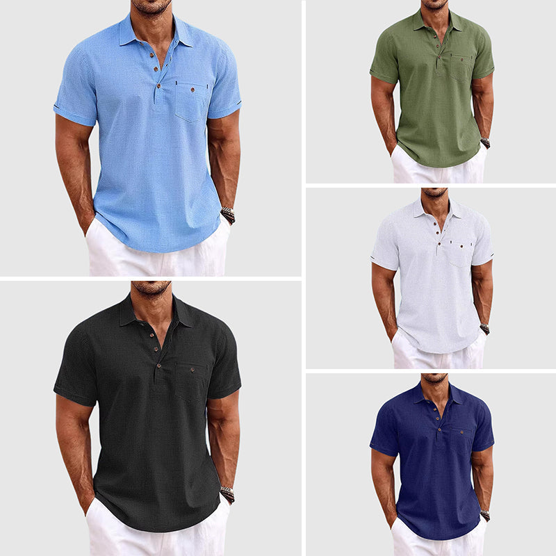 Short sleeve men's summer polo shirt with button-up detail, breathable and lightweight for a relaxed coastal look.