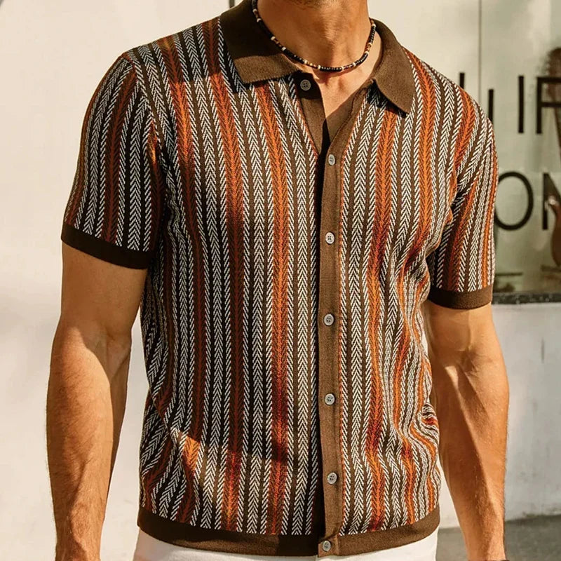 Close-up of men's herringbone weave button-up shirt, relaxed fit, long sleeve, showcasing knit detail.