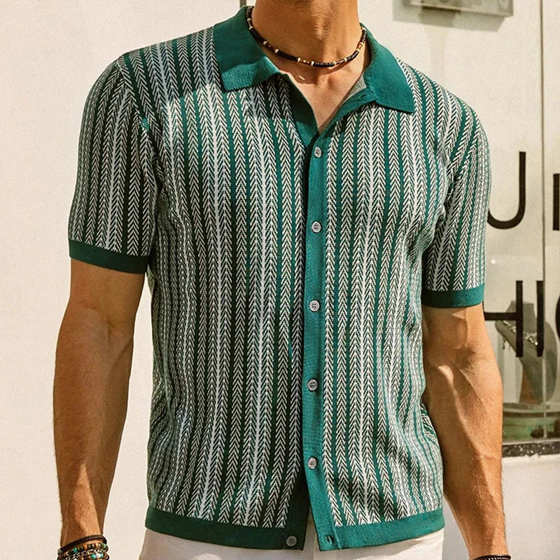 Comfortable relaxed fit men's long sleeve button-up shirt, distinctive herringbone pattern for men's fashion.
