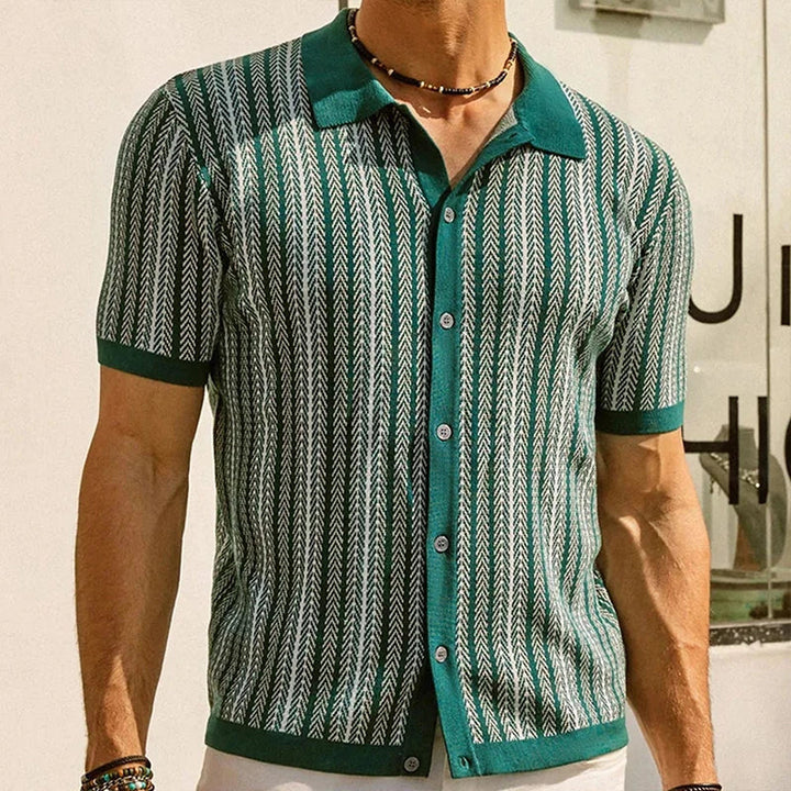 Comfortable relaxed fit men's long sleeve button-up shirt, distinctive herringbone pattern for men's fashion.