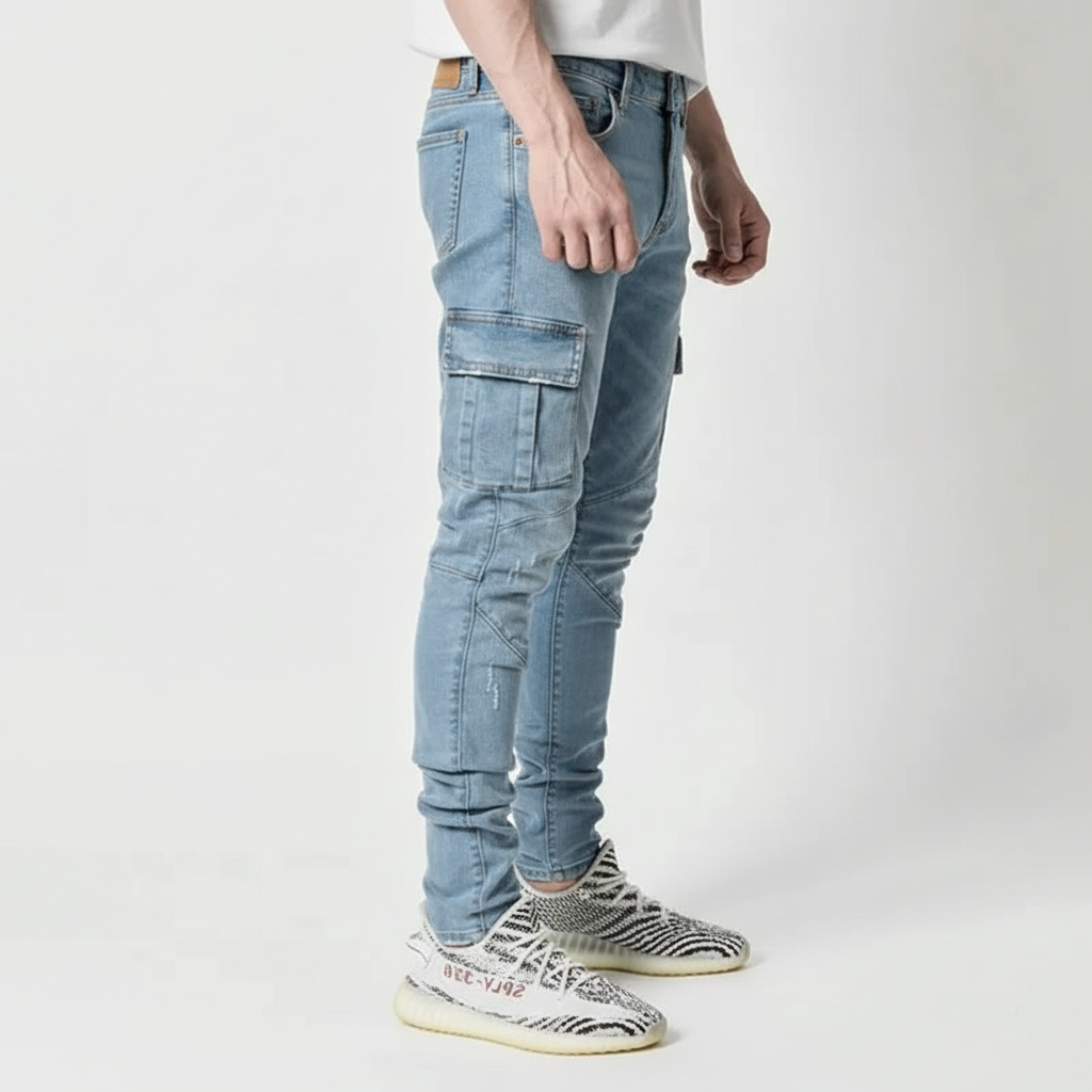Rugged men's cargo jeans, Trevor style, featuring a comfortable relaxed fit and practical side pockets.