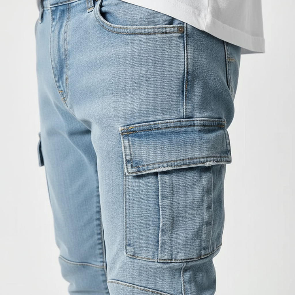 Casual blue denim cargo jeans for men, offering a relaxed fit and multiple pockets, ideal for everyday wear.