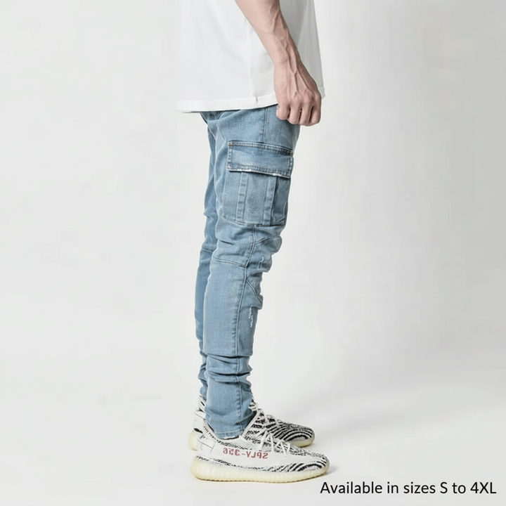 Men's Trevor cargo jeans with utility pockets, combining rugged style with comfortable, relaxed fit denim.
