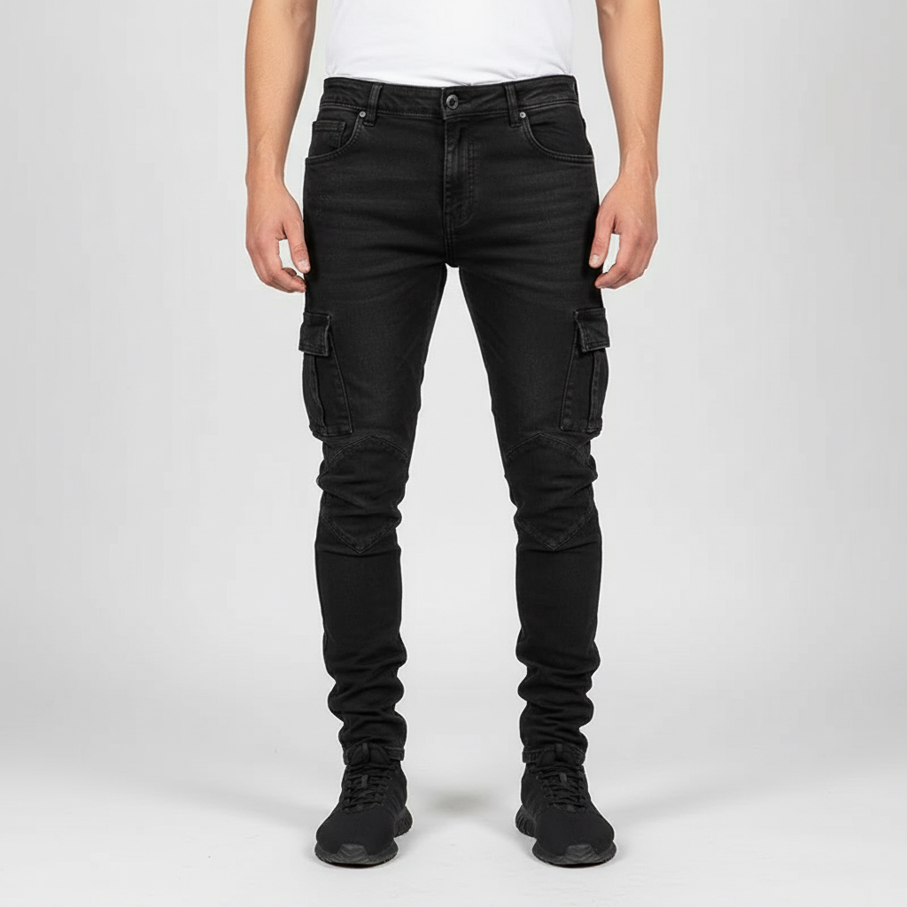 Durable men's relaxed fit cargo jeans in denim, designed with ample pockets for practicality and style.