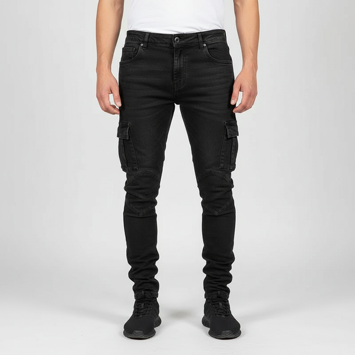 Durable men's relaxed fit cargo jeans in denim, designed with ample pockets for practicality and style.