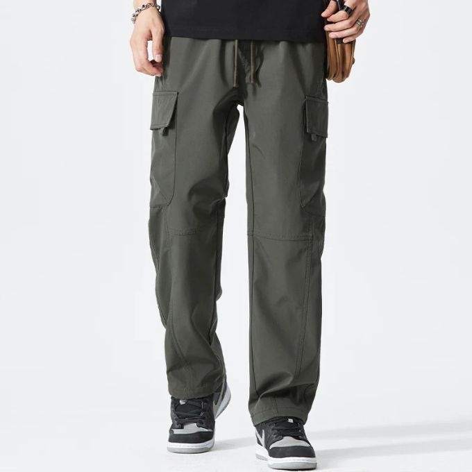 Men's multi-pocket cargo pants, relaxed fit with drawstring, great for casual, everyday utility & comfort.