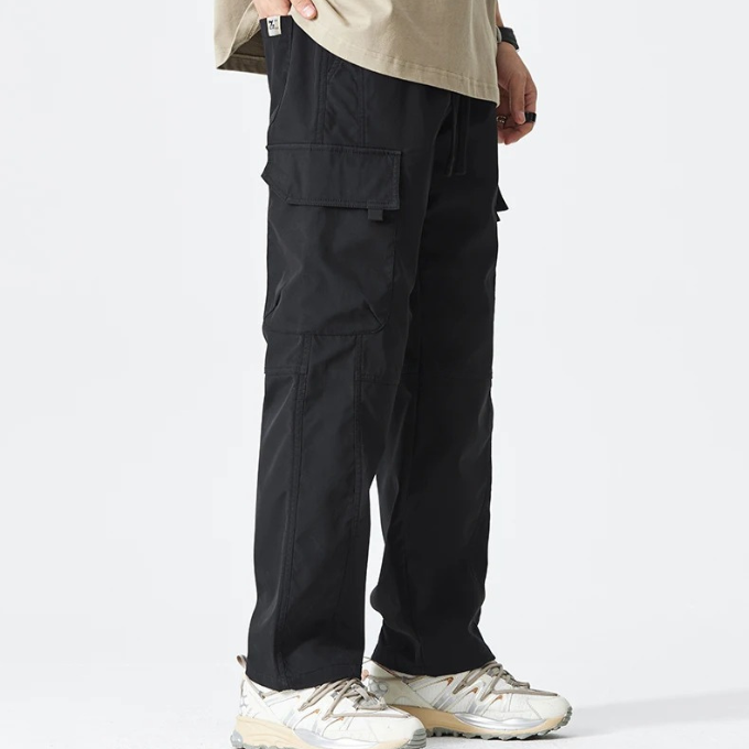 Men's relaxed fit drawstring cargo pants with multi-pockets, ideal for comfort, casual, and utility wear.