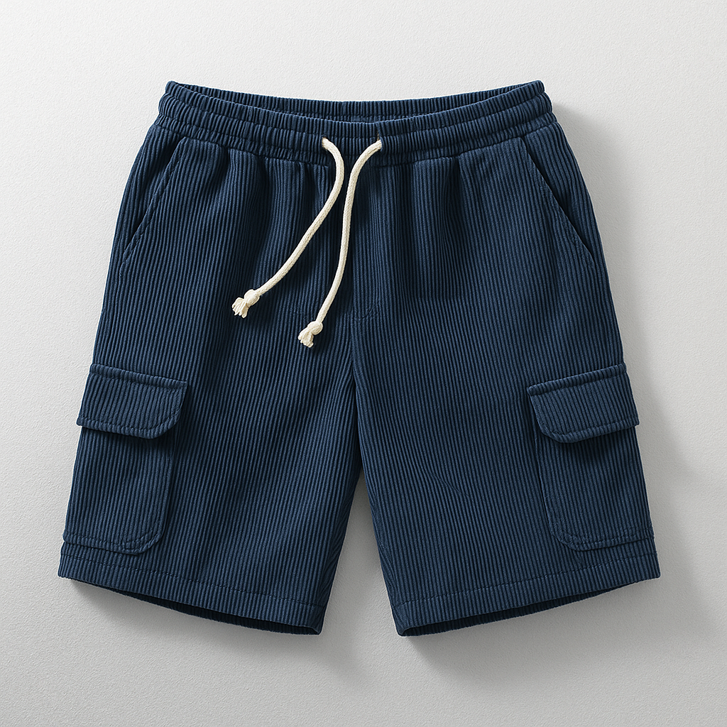 Black relaxed fit men's cargo shorts featuring a functional drawstring waist, great for summer adventures.