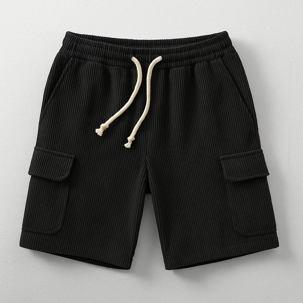 Comfortable men's relaxed fit cargo shorts with drawstring waist, essential for casual warm-weather outfits.