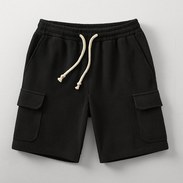 Comfortable men's relaxed fit cargo shorts with drawstring waist, essential for casual warm-weather outfits.
