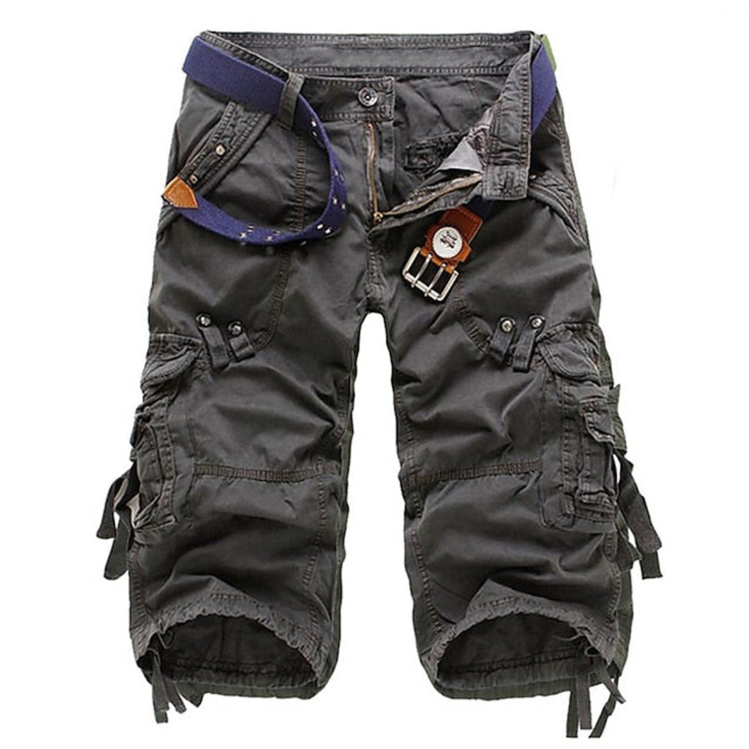 Men's multi-pocket relaxed fit cargo shorts, belted for a secure fit, great for outdoor activities & everyday wear.