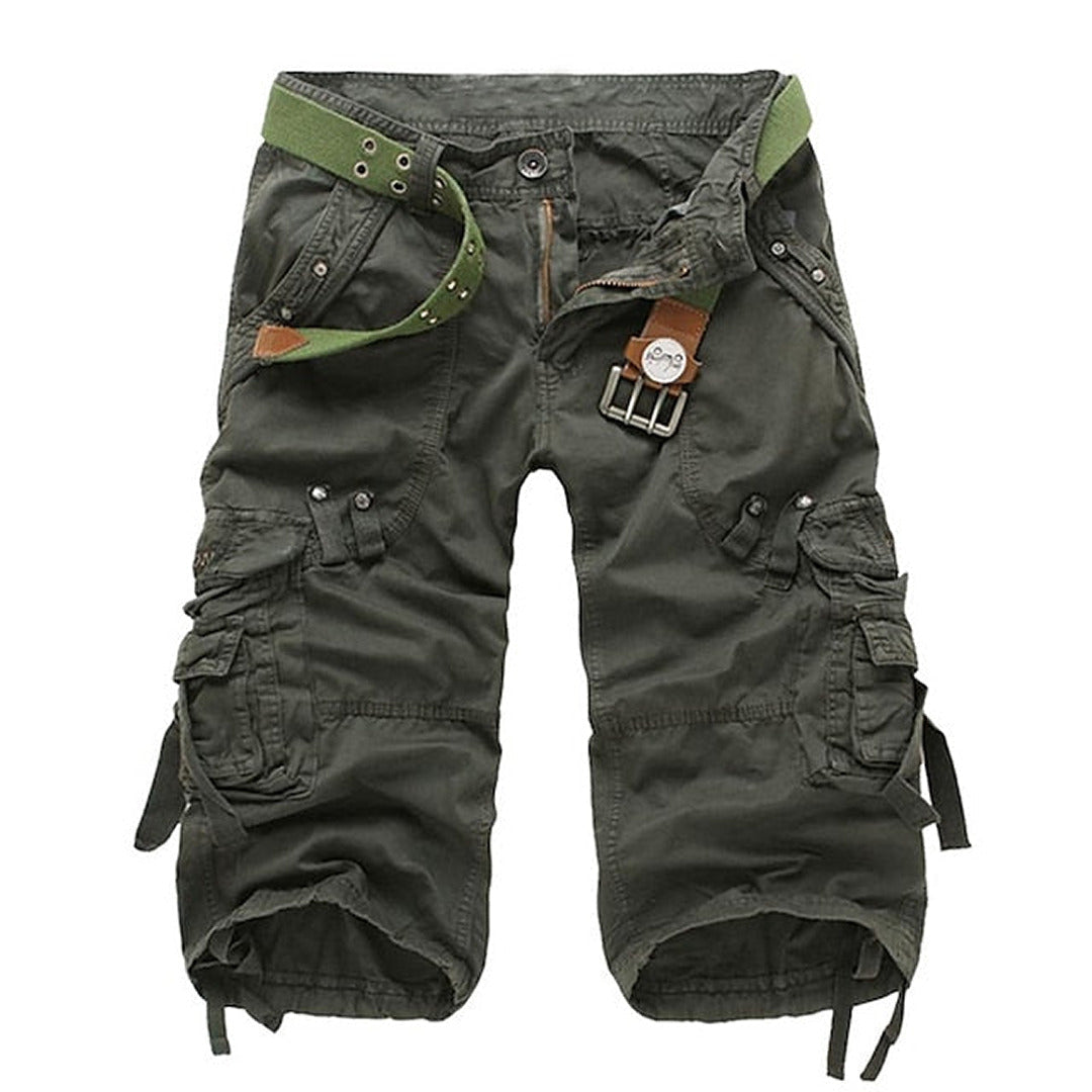 Versatile men's relaxed fit cargo shorts, knee-length for summer, offering comfort and utility for any adventure.