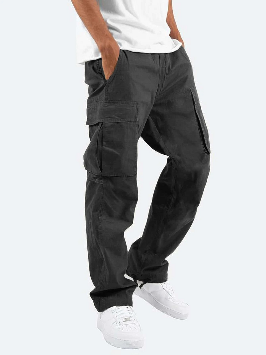 Men's relaxed fit cargo trousers with multiple utility pockets for casual everyday wear.