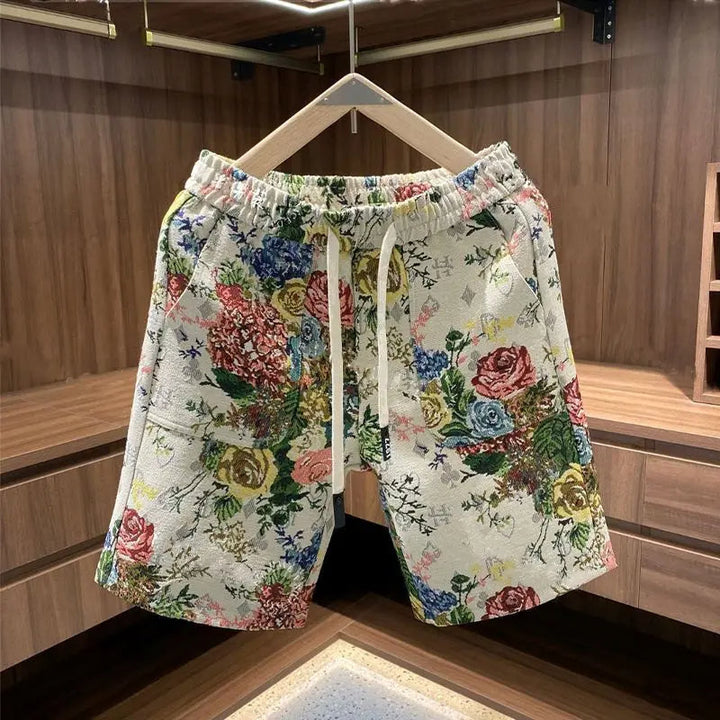 Stylish men's patterned summer shorts, relaxed fit with drawstring, ideal for beach and vacation.