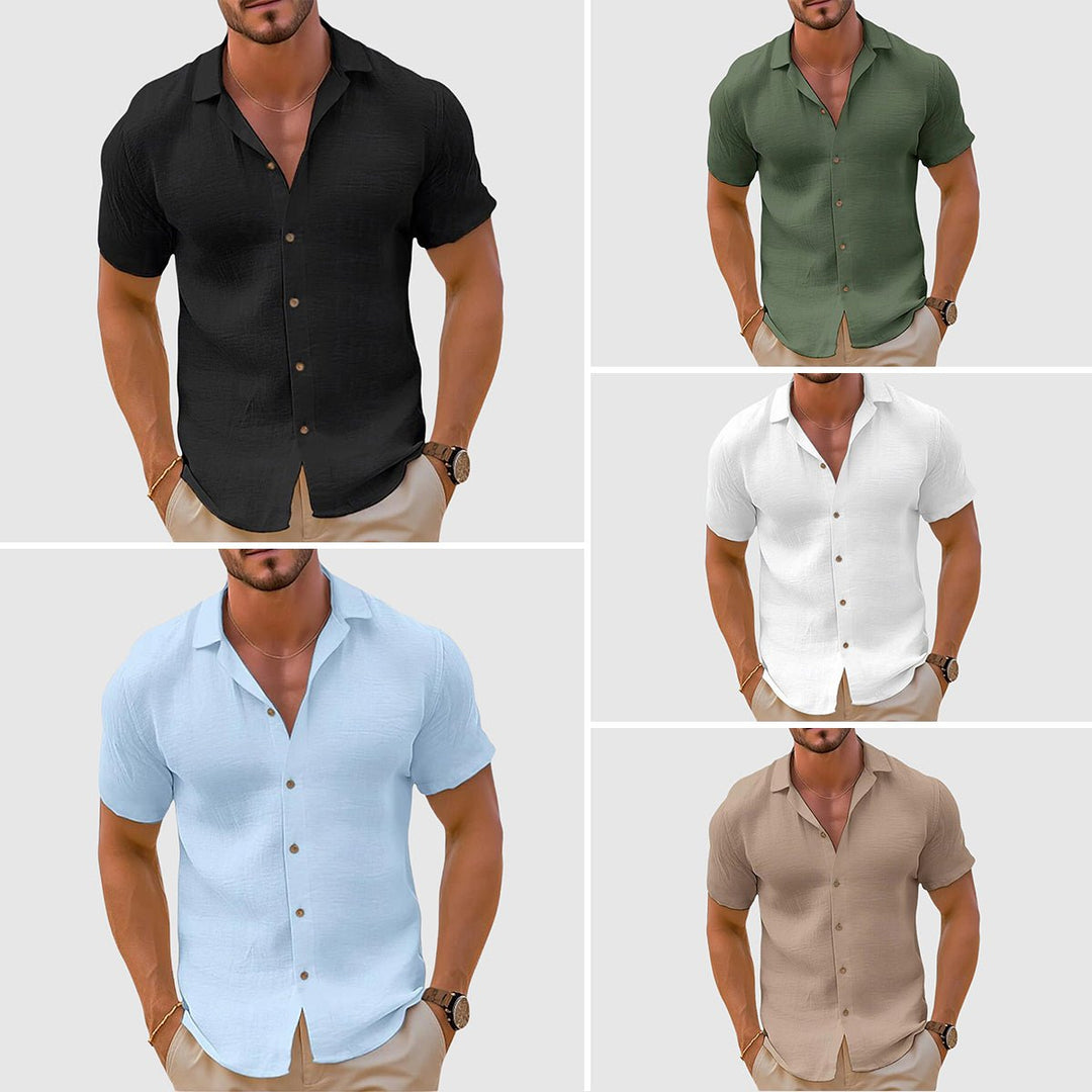 Detail of the collar and buttons on a men's relaxed fit short sleeve shirt, highlighting quality and summer style.