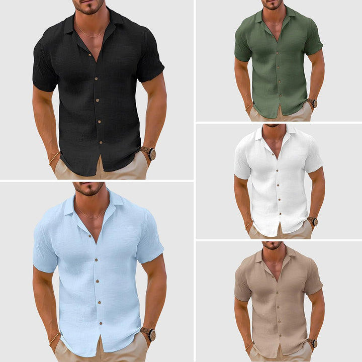 Detail of the collar and buttons on a men's relaxed fit short sleeve shirt, highlighting quality and summer style.