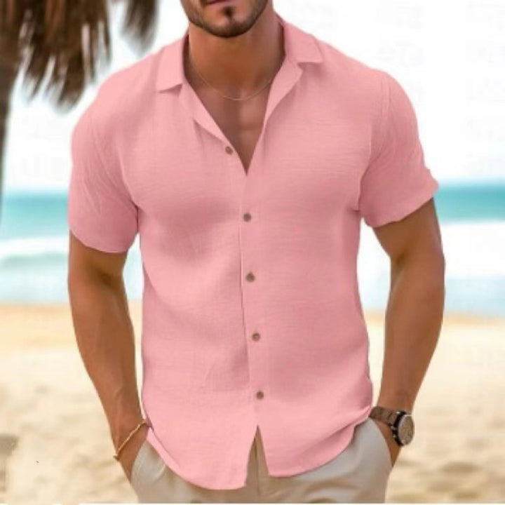 Men's relaxed fit collared shirt with chinos, great for casual wear, summer fashion, and everyday comfort.