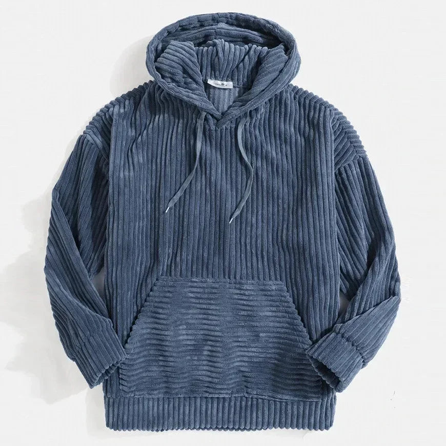 Men's relaxed fit corduroy hoodie. Casual pullover for everyday comfort and fall layering.