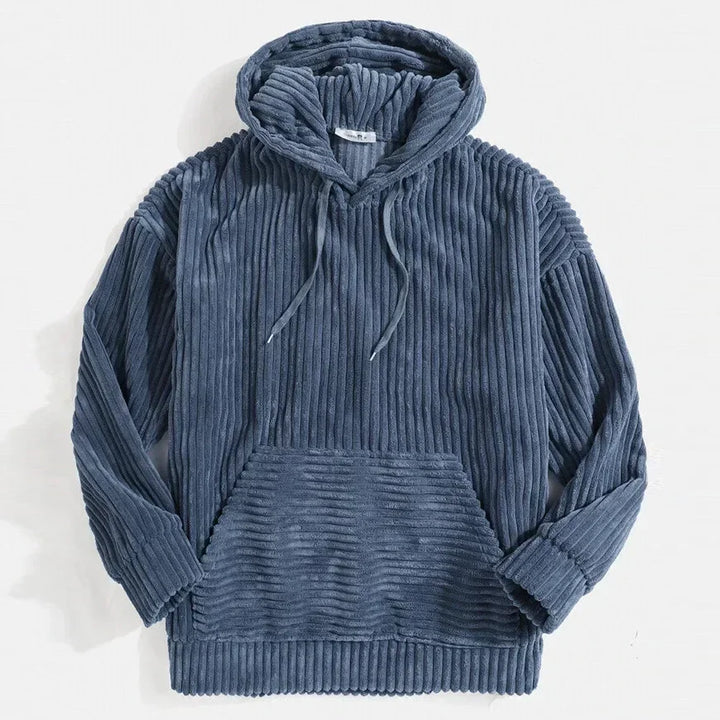 Men's relaxed fit corduroy hoodie. Casual pullover for everyday comfort and fall layering.