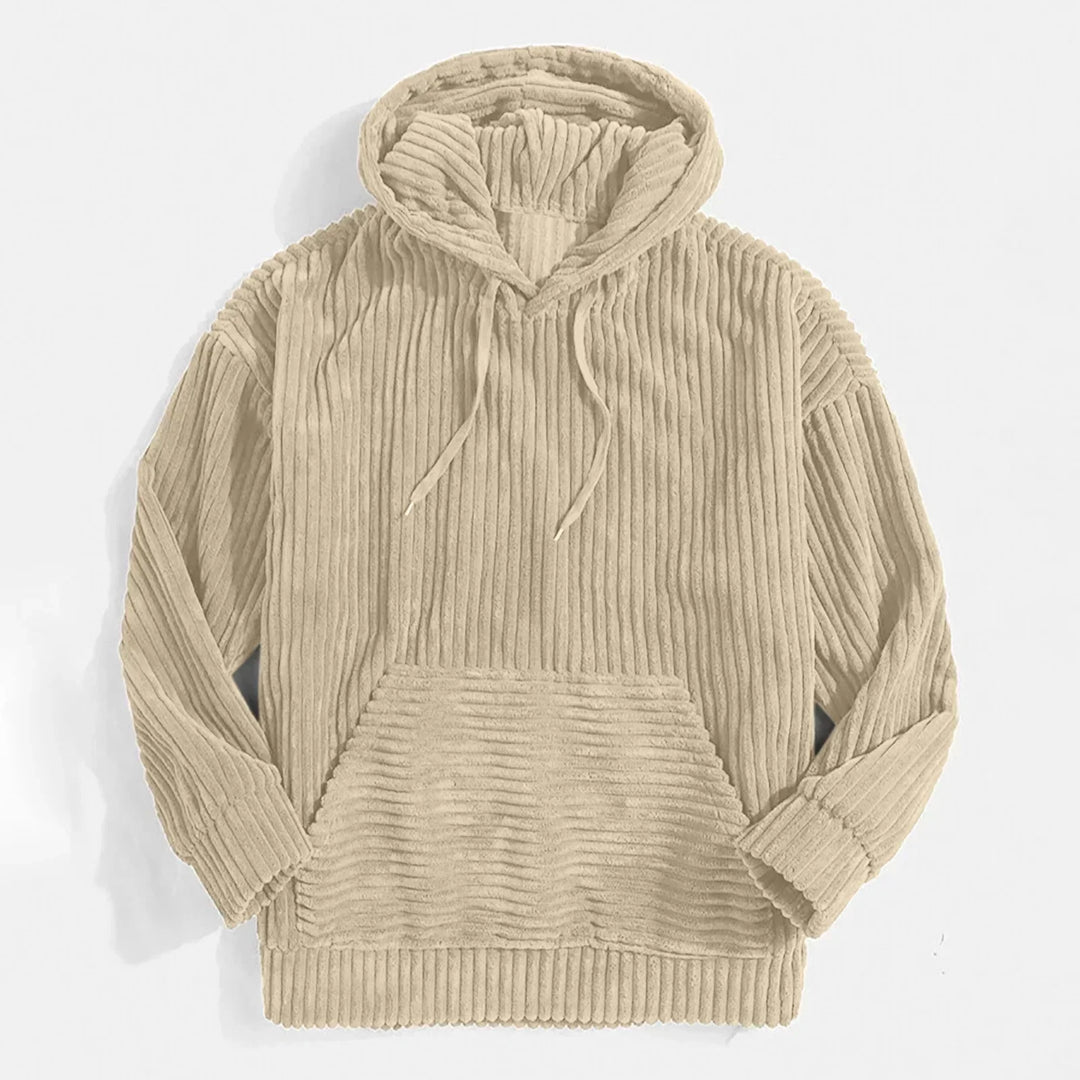 Stylish men's corduroy hoodie. Relaxed fit pullover for comfort wear, perfect casual outerwear for fall fashion.