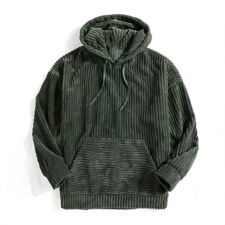 Side view of a man in a relaxed fit men's corduroy hoodie. Comfortable pullover, great for layering outerwear.