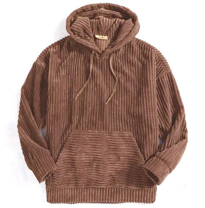 Men's corduroy hoodie styled with jeans. Relaxed fit pullover, comfortable everyday casual fall outerwear.