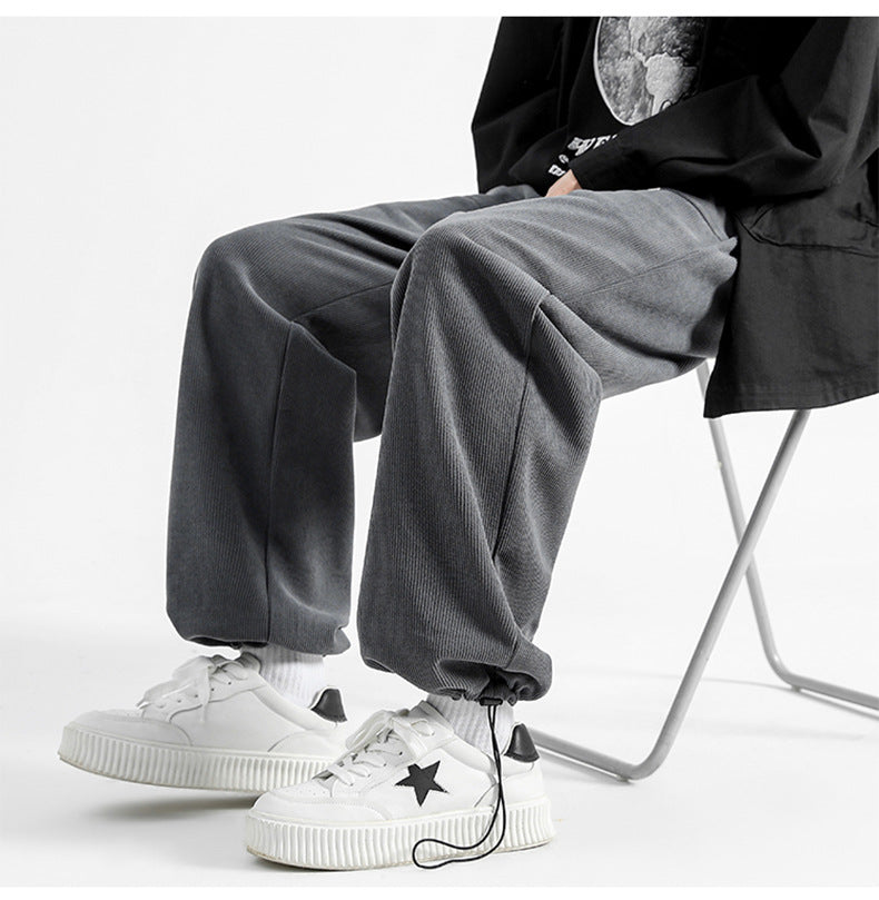 Drawstring waist men's corduroy pants, relaxed fit, for comfortable casual style.
