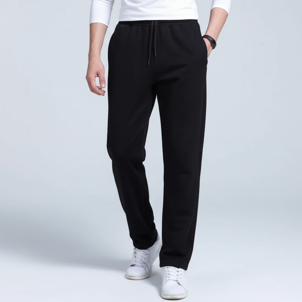 Casual men's fashion: male model wearing relaxed fit cotton blend joggers and a t-shirt