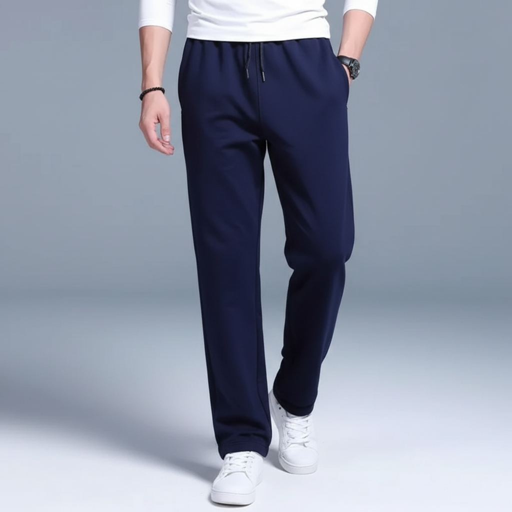 Texture detail of soft cotton blend fabric on men's relaxed fit Henry joggers