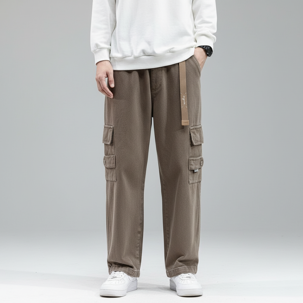 Stylish men's Ricky cargo pants, relaxed fit cotton trousers with deep utility pockets, autumn fashion.