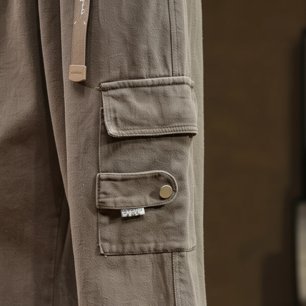 Close-up of men's casual relaxed fit cotton cargo pants fabric and durable stitching, men's apparel.