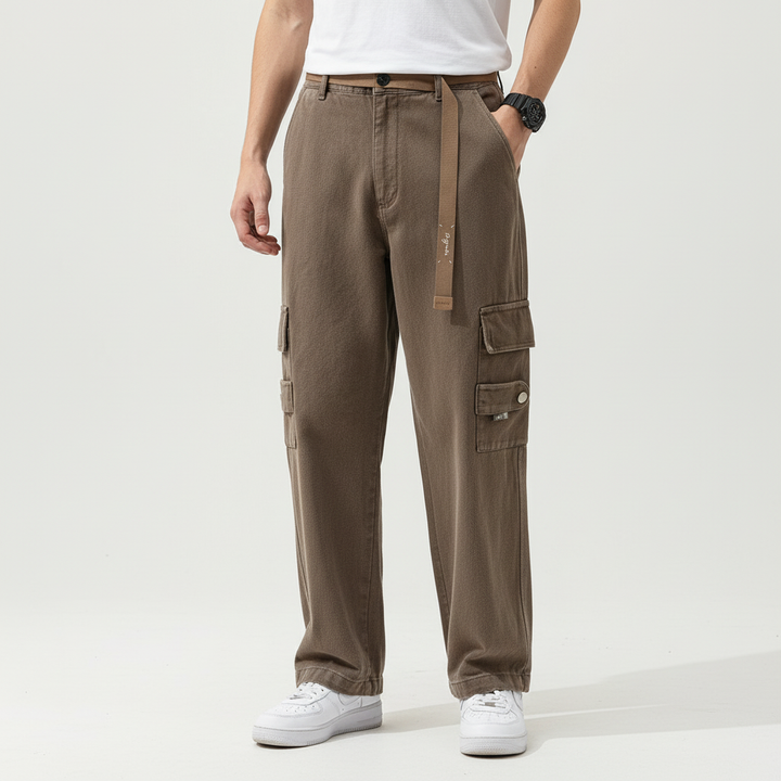 Man wearing relaxed fit cotton cargo pants, showing comfortable silhouette for everyday casual wear.
