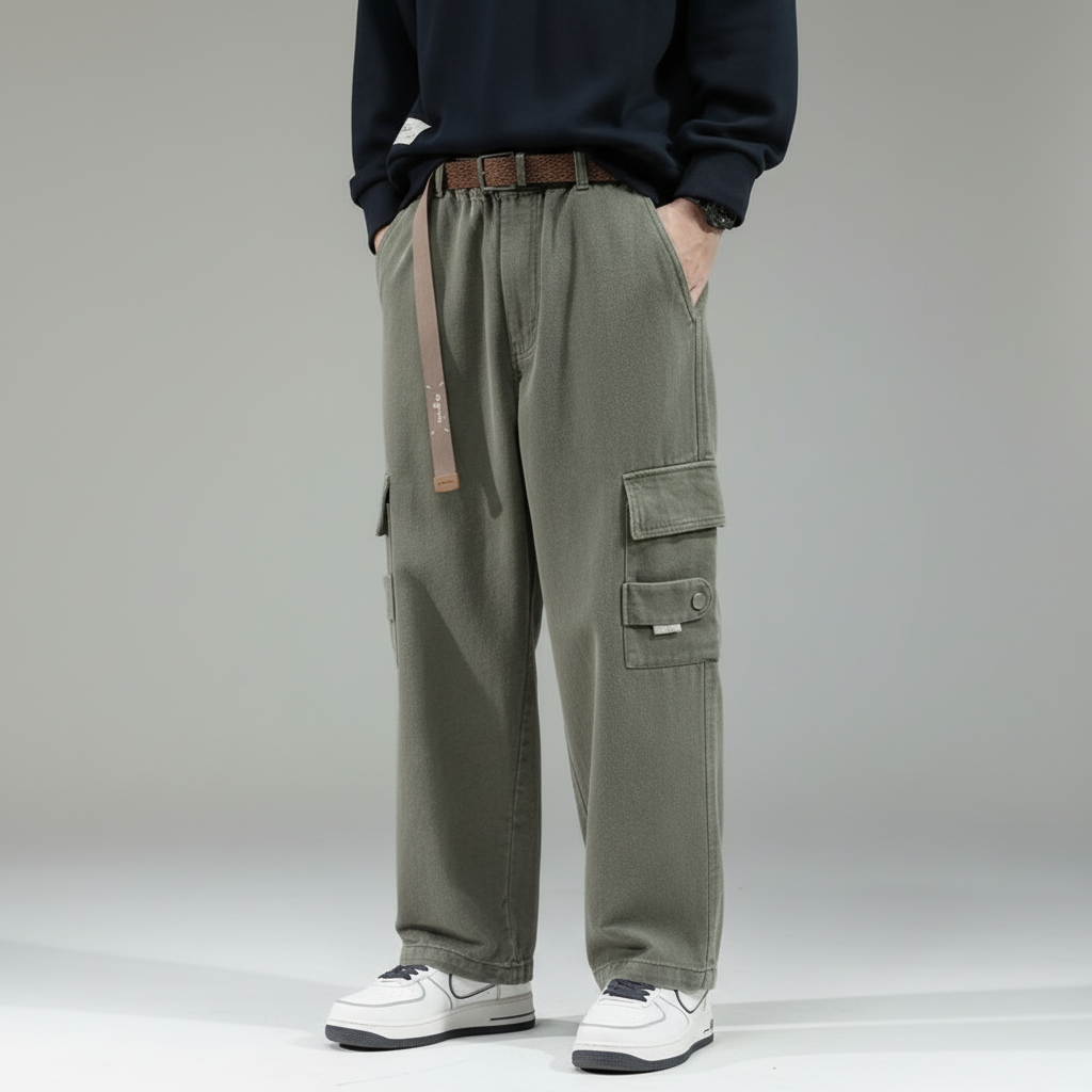 Detailed view of cargo pocket on men's relaxed fit cotton trousers, functional and stylish utility pants.