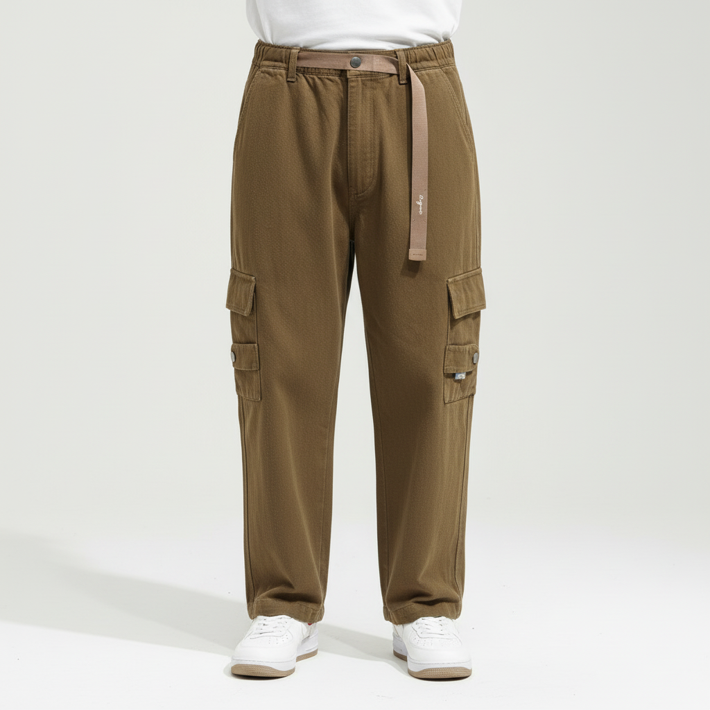 Men's relaxed fit cotton cargo pants in versatile khaki, suitable for spring and autumn fashion.