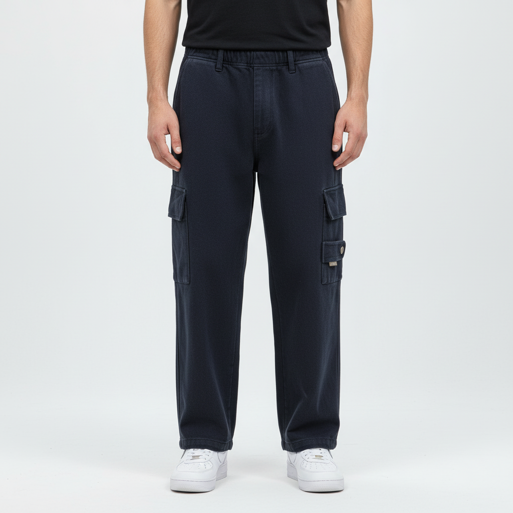 Full shot of men's Ricky relaxed fit cargo pants, cotton trousers perfect for comfortable casual style.