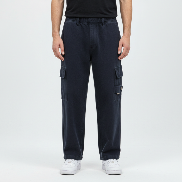Full shot of men's Ricky relaxed fit cargo pants, cotton trousers perfect for comfortable casual style.