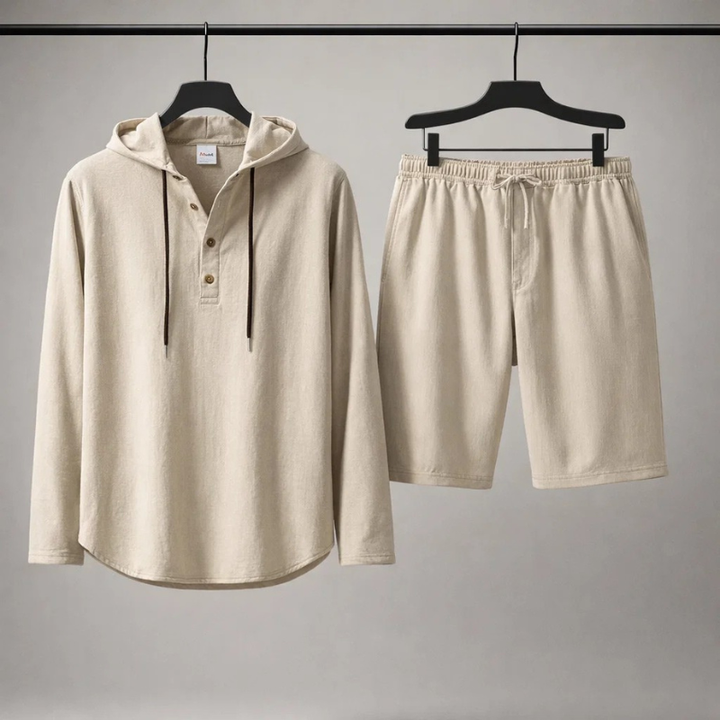 Breathable men's cotton linen blend lounge set with relaxed fit, ideal for summer and warm weather.