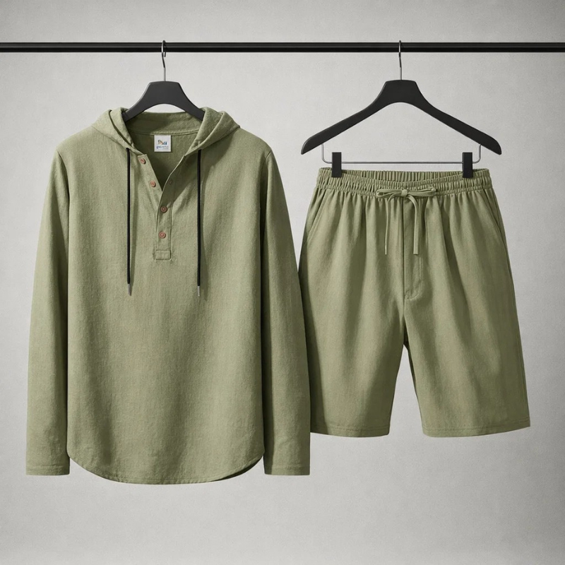 Stylish men's relaxed fit linen blend set with drawstring pants, great for versatile casual outfits.