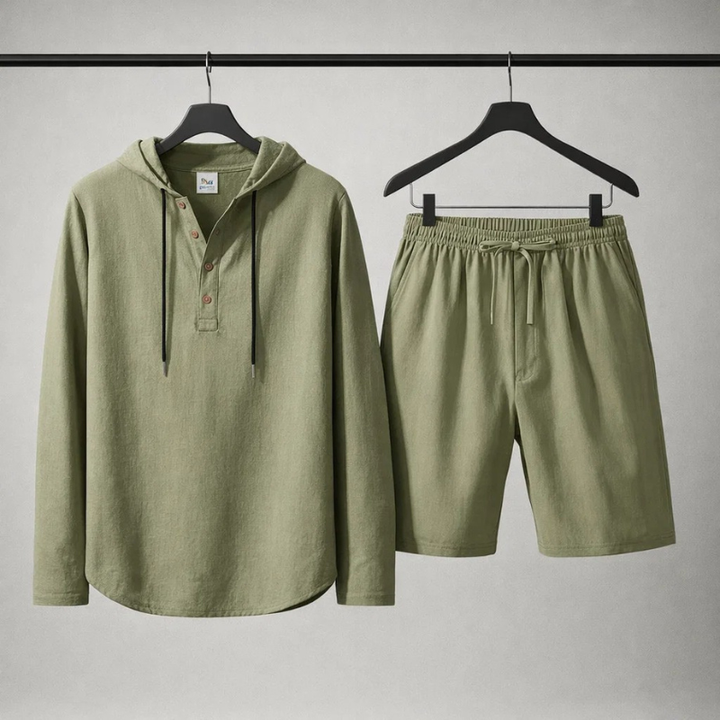 Stylish men's relaxed fit linen blend set with drawstring pants, great for versatile casual outfits.