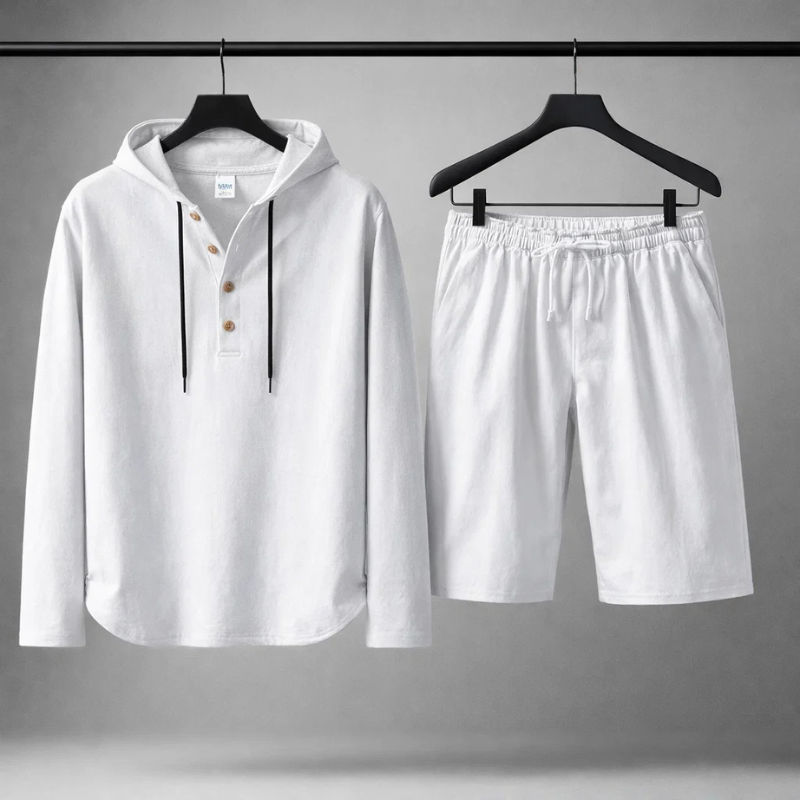 Soft, breathable men's cotton linen blend set in a relaxed fit, excellent for warm weather comfort.